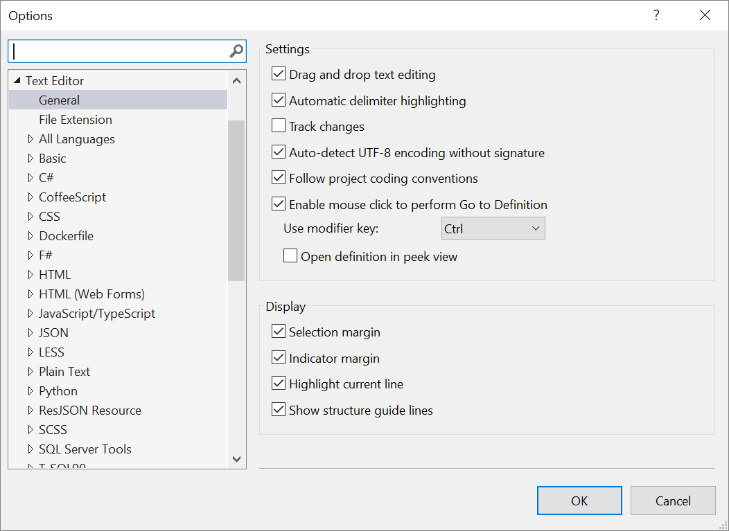 Screenshot of the text editor's general settings in the Options dialog box.