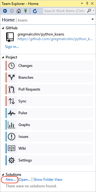 Team explorer window, creating a new project from a clone