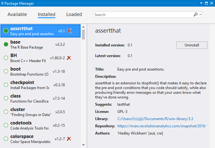 Installed packages tab in the R Tools for Visual Studio package manager