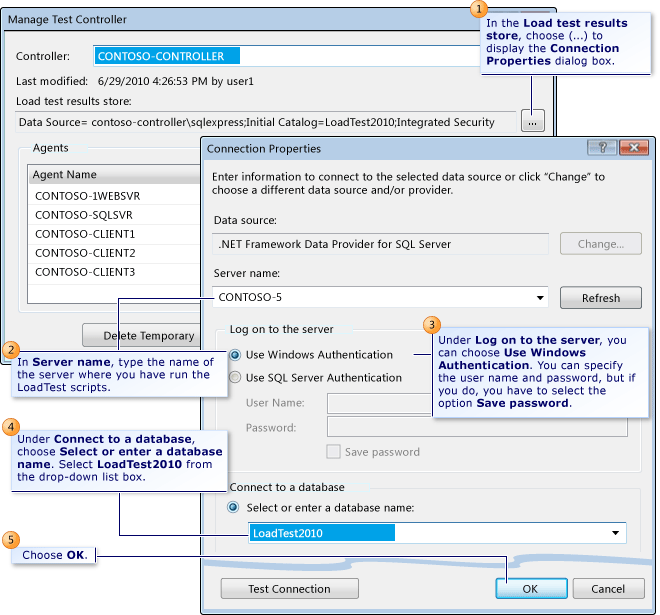 Load test results store connection properties