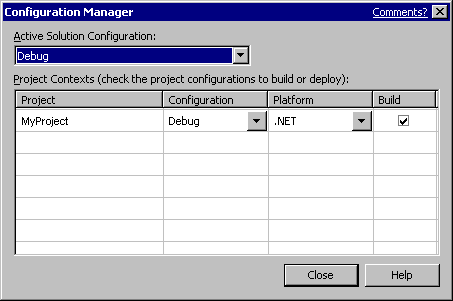 Visual Studio .NET Configuration Manager dialog box