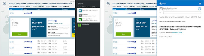 O aplicativo Bing Viagem com o painel Compartilhar aberto e depois o aplicativo Mail para compartilhar conteúdo