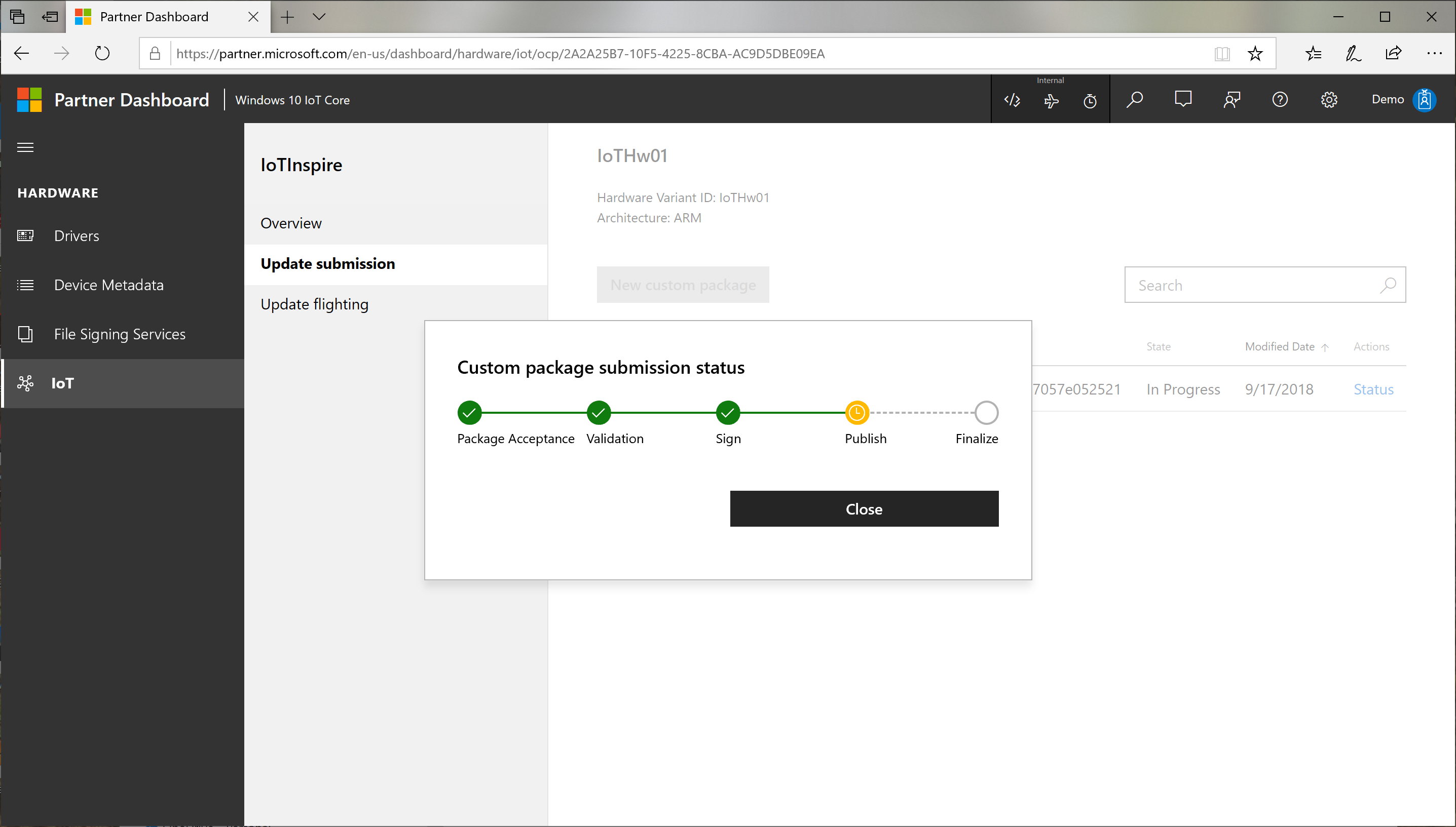 Novo pacote personalizado – Status