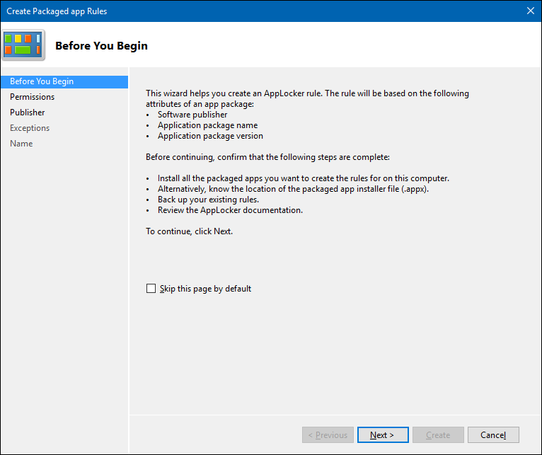 Create a Packaged app Rules wizard and showing the Before You Begin page.