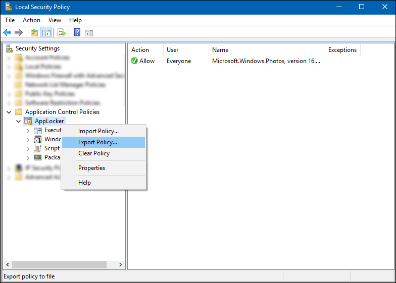 Local security snap-in, showing the Export Policy option.