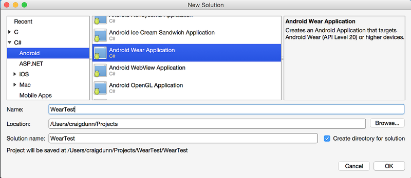 Criando um novo aplicativo Android Wear na caixa de diálogo Nova solução