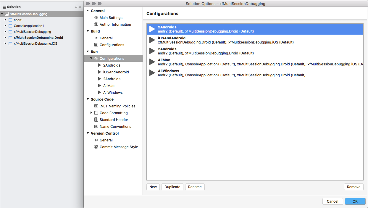 Uma solução com várias configurações de solução