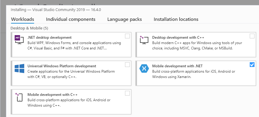 Desenvolvimento móvel com seleção do .NET