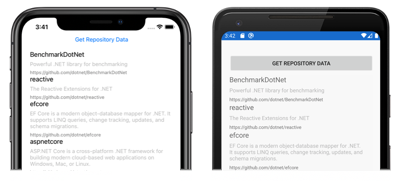 Captura de tela de repositórios .NET do GitHub, no iOS e no Android