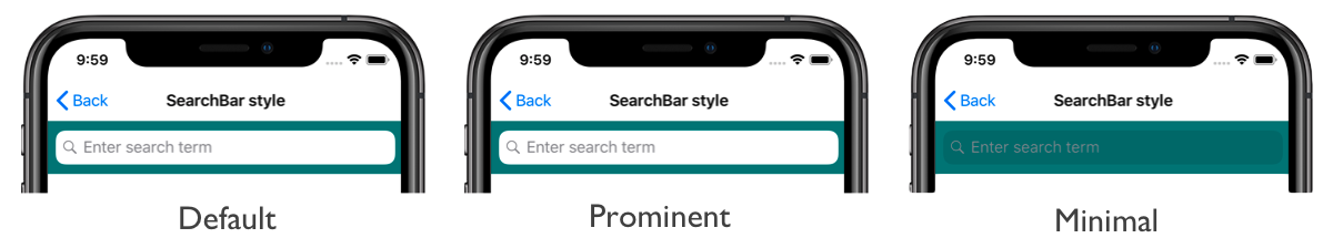 Captura de tela dos estilos do SearchBar com cor de fundo, no iOS