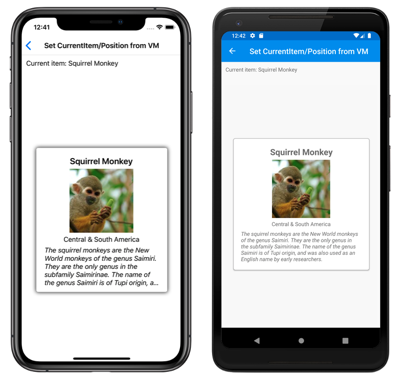 Captura de tela de um CarouselView com item predefinido, no iOS e Android