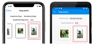 Captura de tela de um CarouselView com pontos de ajuste final, no iOS e Android