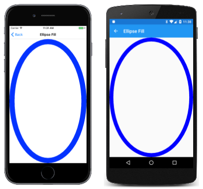 As capturas de tela mostram o aplicativo Ellipse Fill em execução em dois dispositivos móveis.