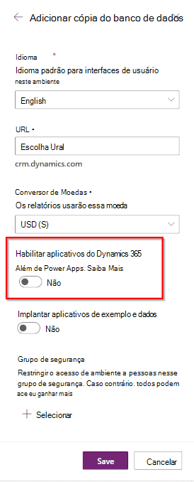 Botão de alternar da Aplicação D365.