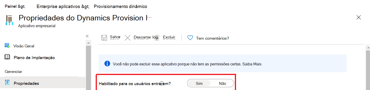 O ecrã no qual o utilizador garante que o início de sessão do utilizador para o Dynamics Provision está ativado.