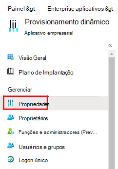 O ecrã no qual é apresentada a opção Propriedades do Dynamics Provision.