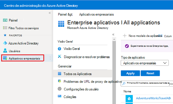 O ecrã Aplicações empresariais.