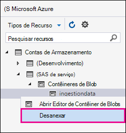 Clique com o botão direito do rato na ingestão e selecione Desanexar para desligar da área de Armazenamento do Azure.