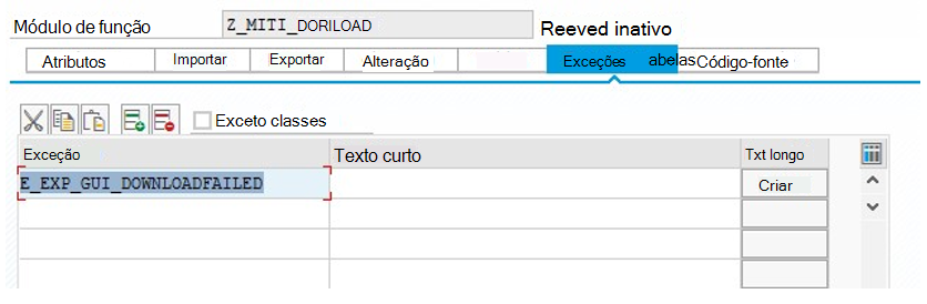 Captura de ecrã a mostrar o separador Exceções.