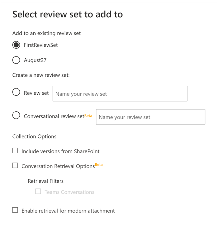 Selecione um conjunto de revisões e configure as opções de coleção.