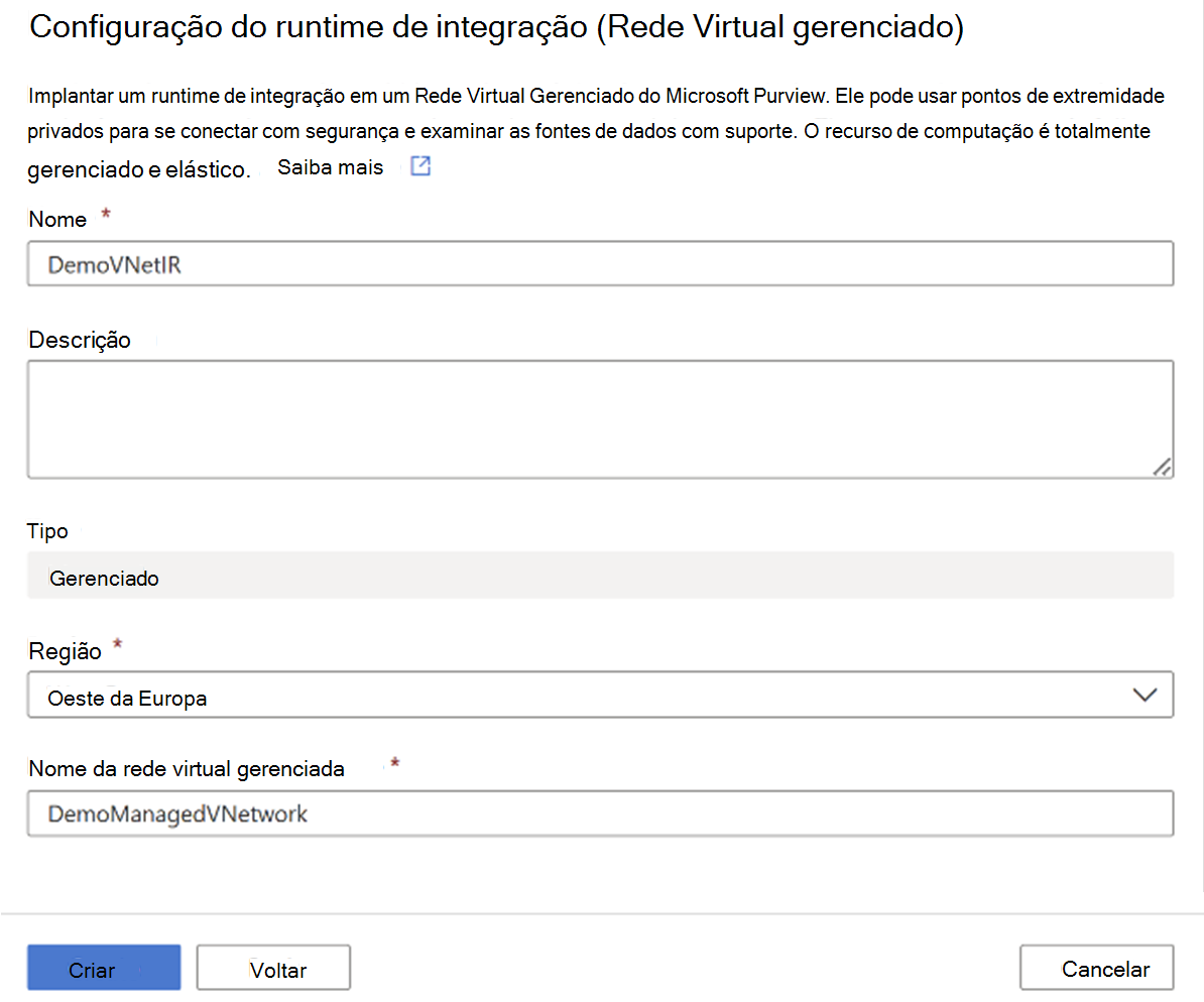 Captura de ecrã que mostra a criação de uma VNet Gerida Integration Runtime com detalhes