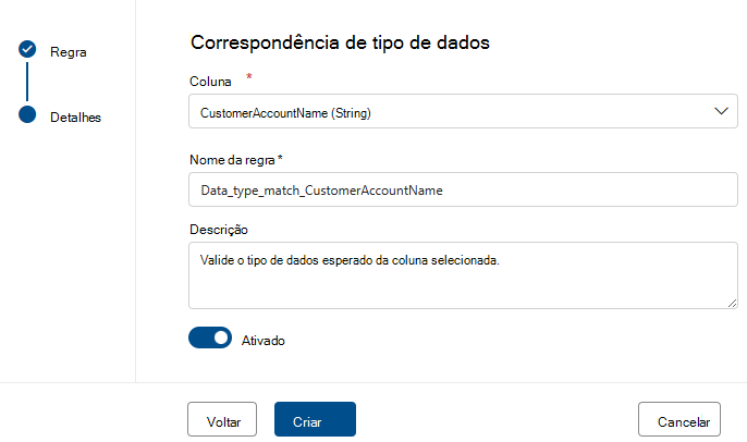 Captura de ecrã do menu para criar uma regra de correspondência de tipo de dados.