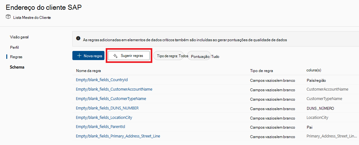 Captura de ecrã do separador regras de um recurso com o botão sugerir regras realçado.