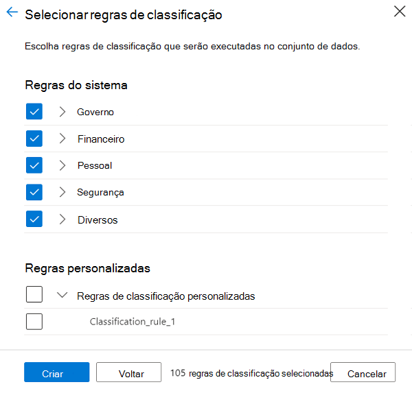 Captura de ecrã a mostrar a página Selecionar regras de classificação.