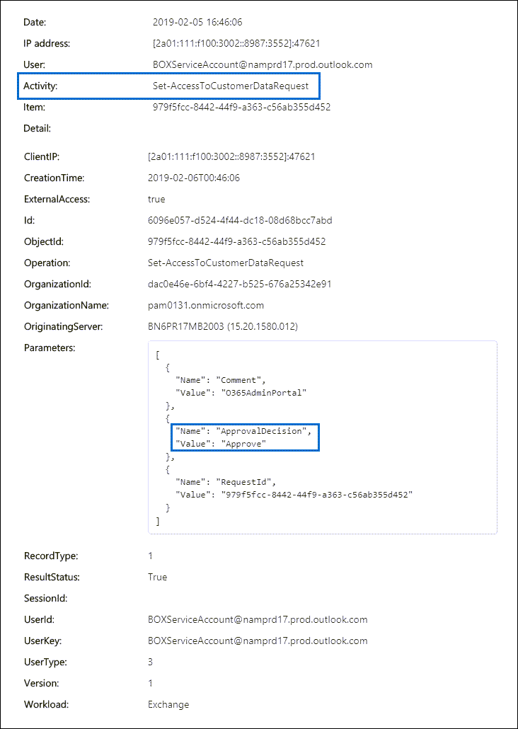 Registo de auditoria para um pedido aprovado do Sistema de Proteção de Dados do Cliente.