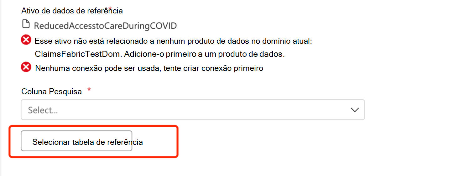 Captura de ecrã a mostrar o erro procurar recursos de dados.