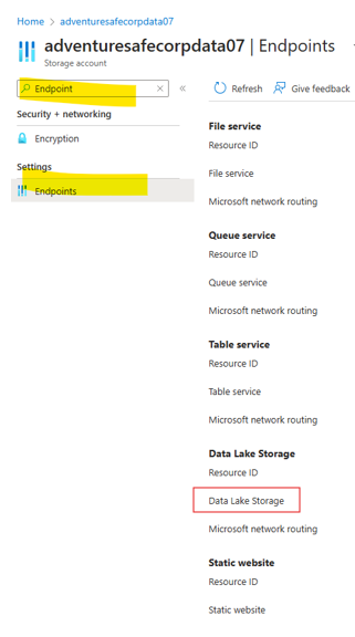 Captura de ecrã a mostrar a cópia do ponto final do data lake no portal do Azure.