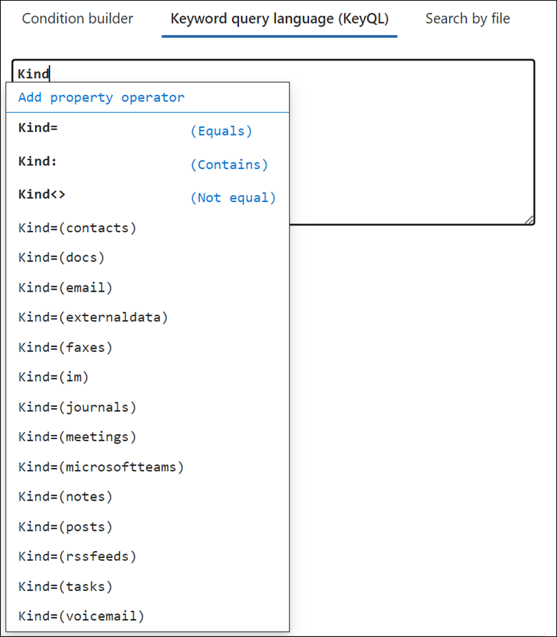 O editor de KeyQL sugere valores para algumas propriedades