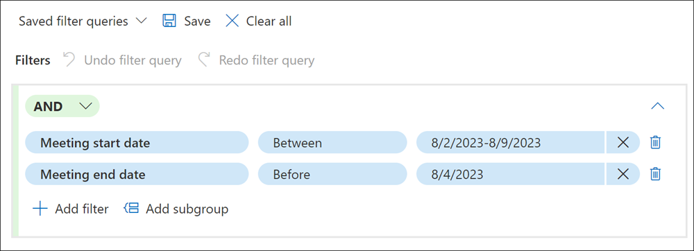 Exemplo de filtragem avançada por datas de reunião do Teams.