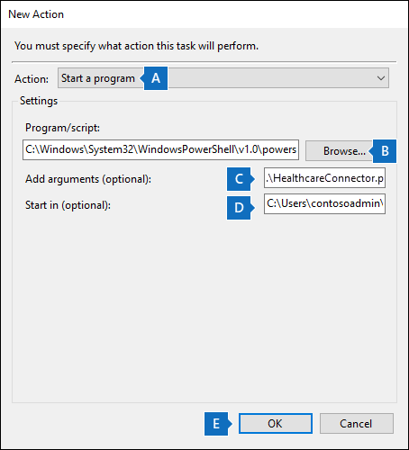 Definições de ação para criar uma nova tarefa agendada para o script do conector de cuidados de saúde.