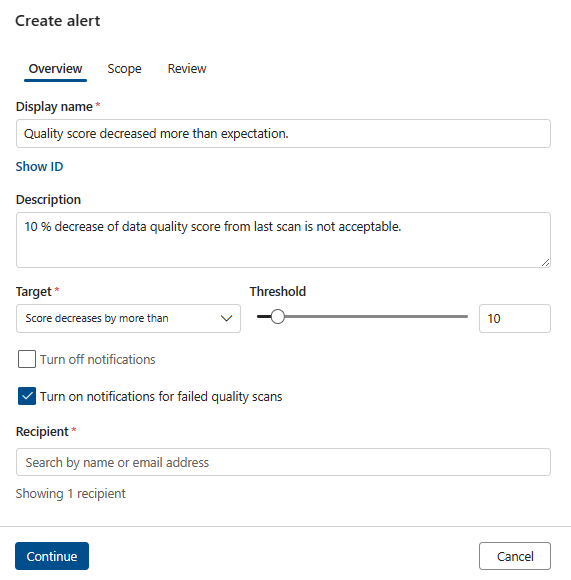 Captura de ecrã da página de descrição geral criar menu de alertas.