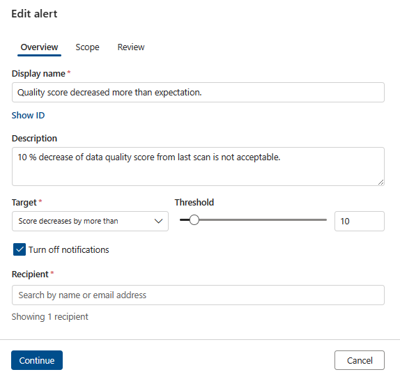 Captura de ecrã a mostrar a página criar revisão do menu de alertas.