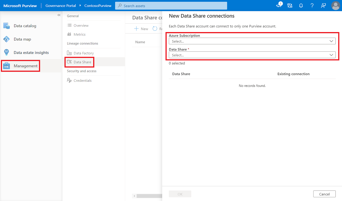 Captura de ecrã do centro de gestão para ligar o Azure Data Share.