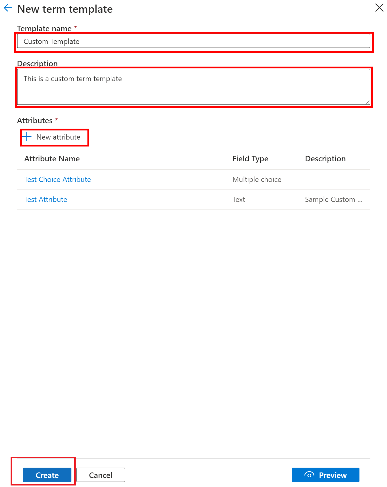 Captura de ecrã a mostrar os termos > do Glossário Novo modelo de termo – botão Criar.