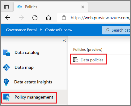 Captura de ecrã a mostrar o portal de governação do Microsoft Purview com o menu mais à esquerda aberto, a Gestão de Políticas realçada e as Políticas de Dados selecionadas na página seguinte.