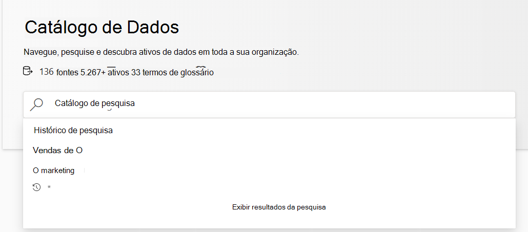 Captura de ecrã a mostrar a barra de pesquisa e o histórico antes de serem introduzidas palavras-chave.