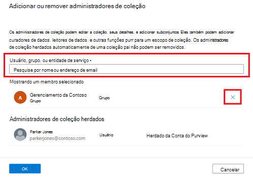 Captura de ecrã a mostrar a janela de administração da coleção do portal de governação do Microsoft Purview com a barra de pesquisa realçada.