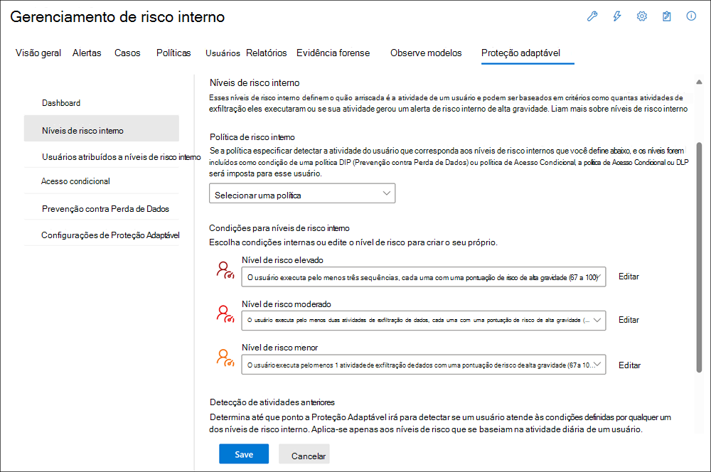 Gestão de riscos internos Níveis de risco interno da Proteção Adaptável.