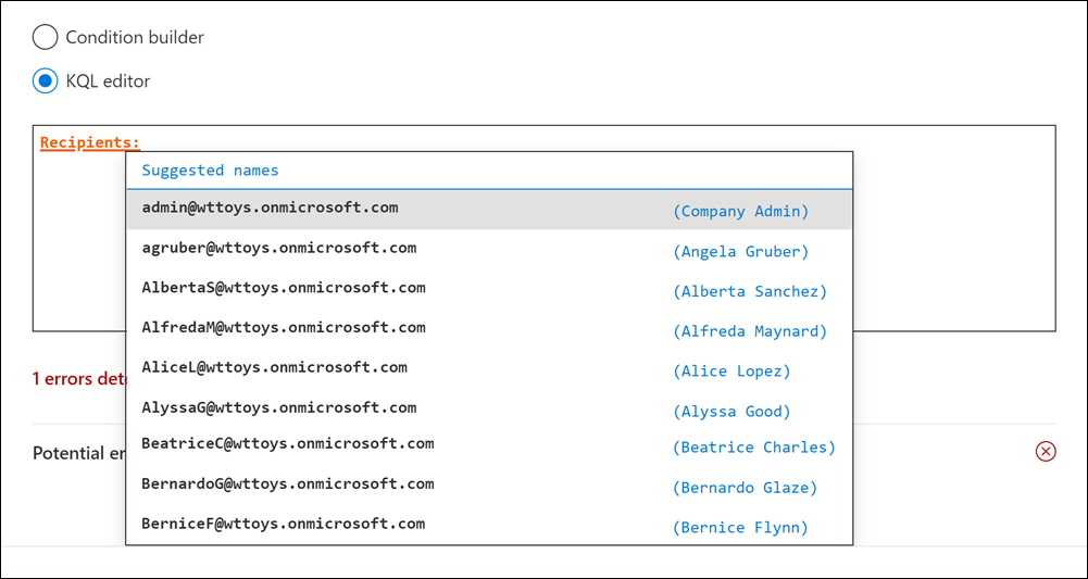 O editor de KQL sugere aos utilizadores as propriedades de e-mail dos destinatários