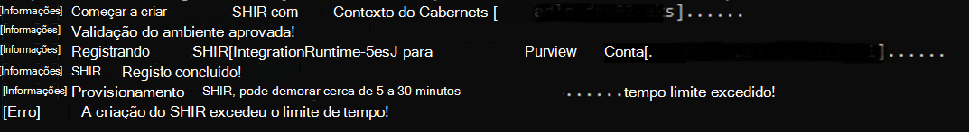 Captura de ecrã da linha de comandos após a criação exceder o limite de tempo.