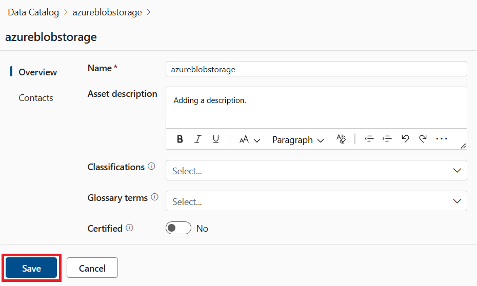 Captura de ecrã a mostrar a edição de detalhes de uma origem de dados com uma descrição adicionada e o botão Guardar realçado.