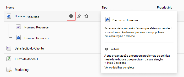 Captura de ecrã do ícone de sugestão de política no hub de dados do OneLake.