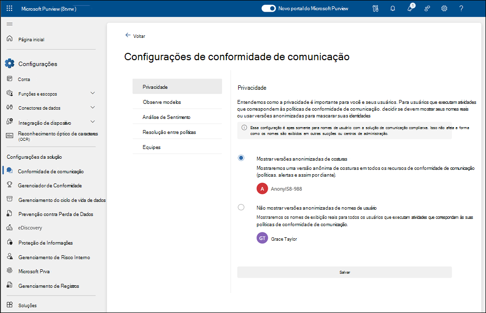 Definições da solução do portal do Microsoft Purview.