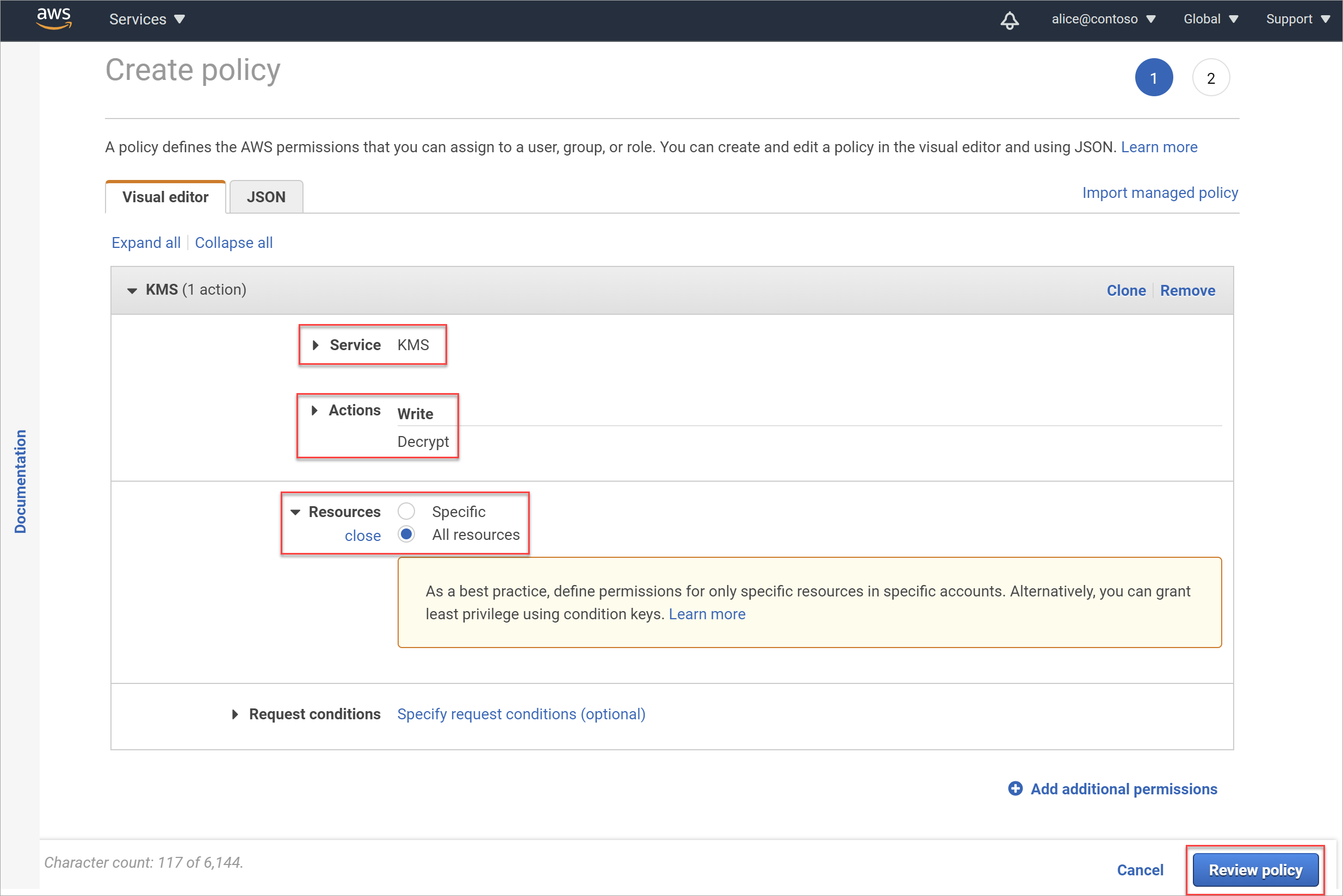 Crie uma política para analisar um registo com encriptação AWS-KMS.