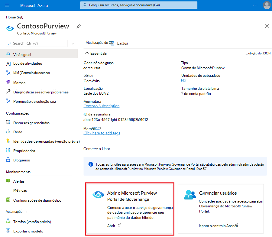 Captura de ecrã que mostra a ligação para abrir o portal de governação do Microsoft Purview.