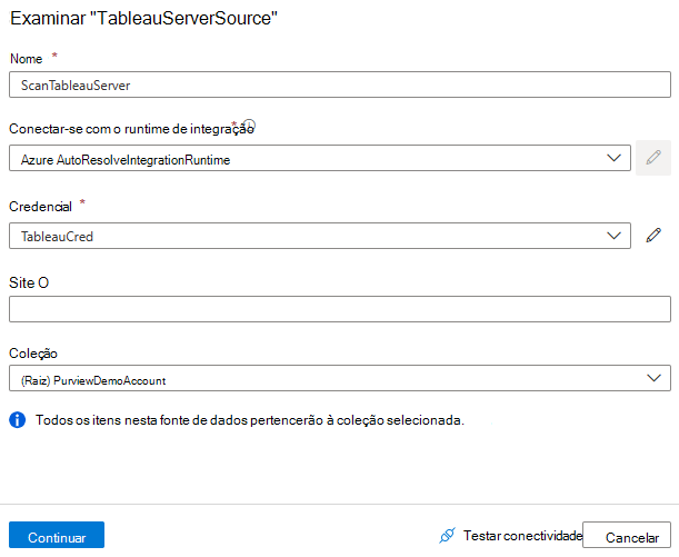 Captura de ecrã a mostrar a configuração de uma análise do servidor Tableau.